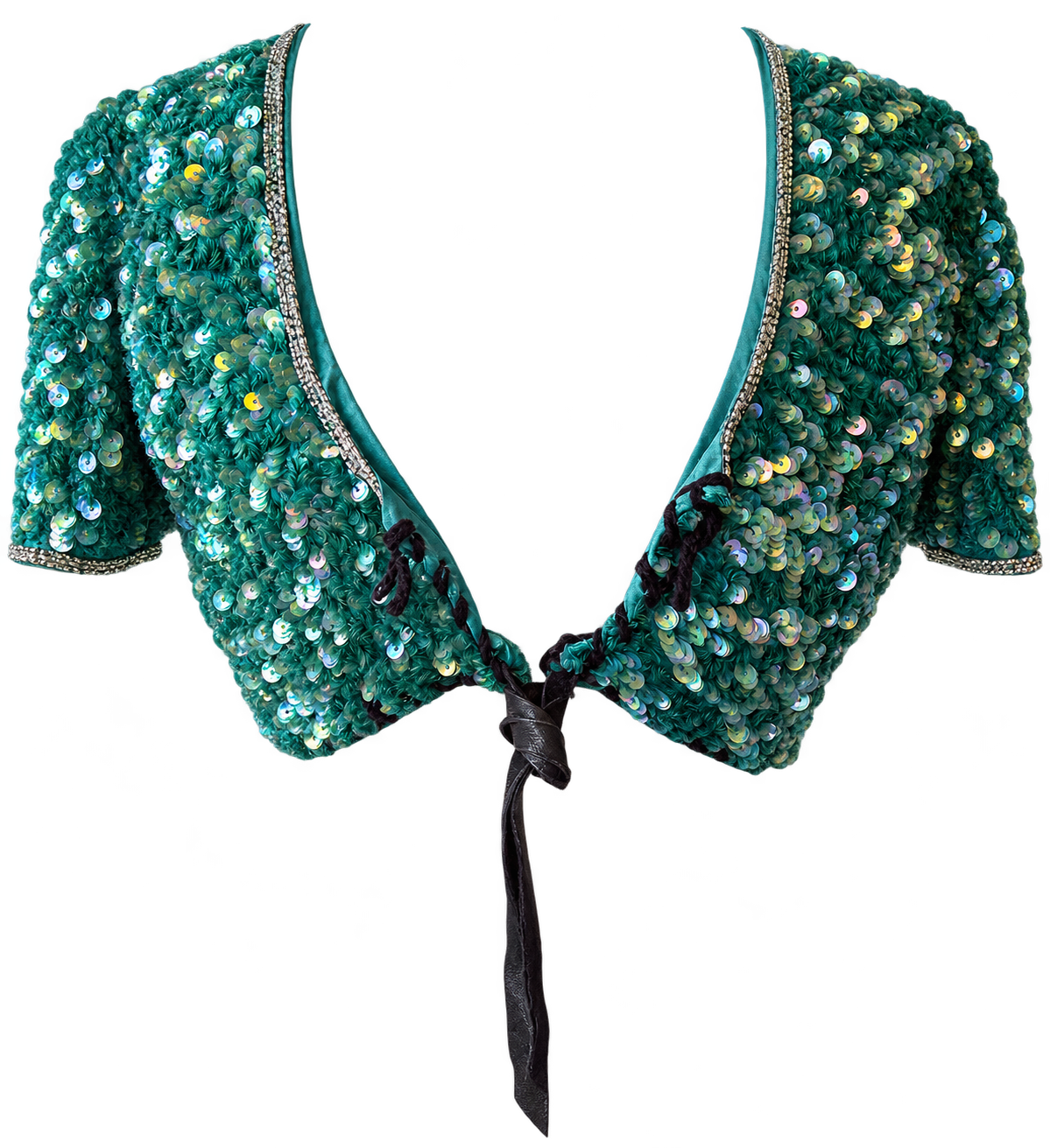 Mermaid Bolero - front, emerald sequin with deep V and leather tie