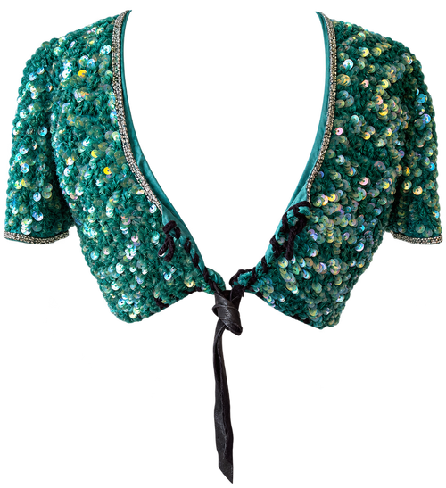 Mermaid Bolero - front, emerald sequin with deep V and leather tie