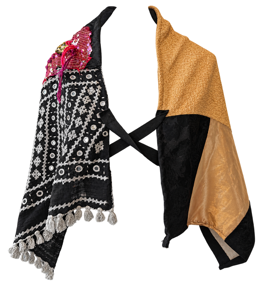 Voyage Wrap No. 2 - front view, black mirror-work embroidery with tassel hem