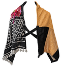 Voyage Wrap No. 2 - front view, black mirror-work embroidery with tassel hem