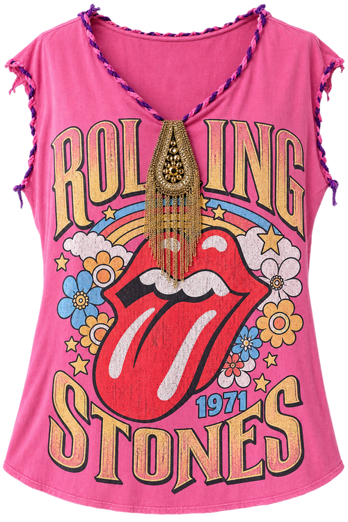 Custom Backstage rock tee, hand-reworked with whip-stitching and tassel pin by Katharine Story