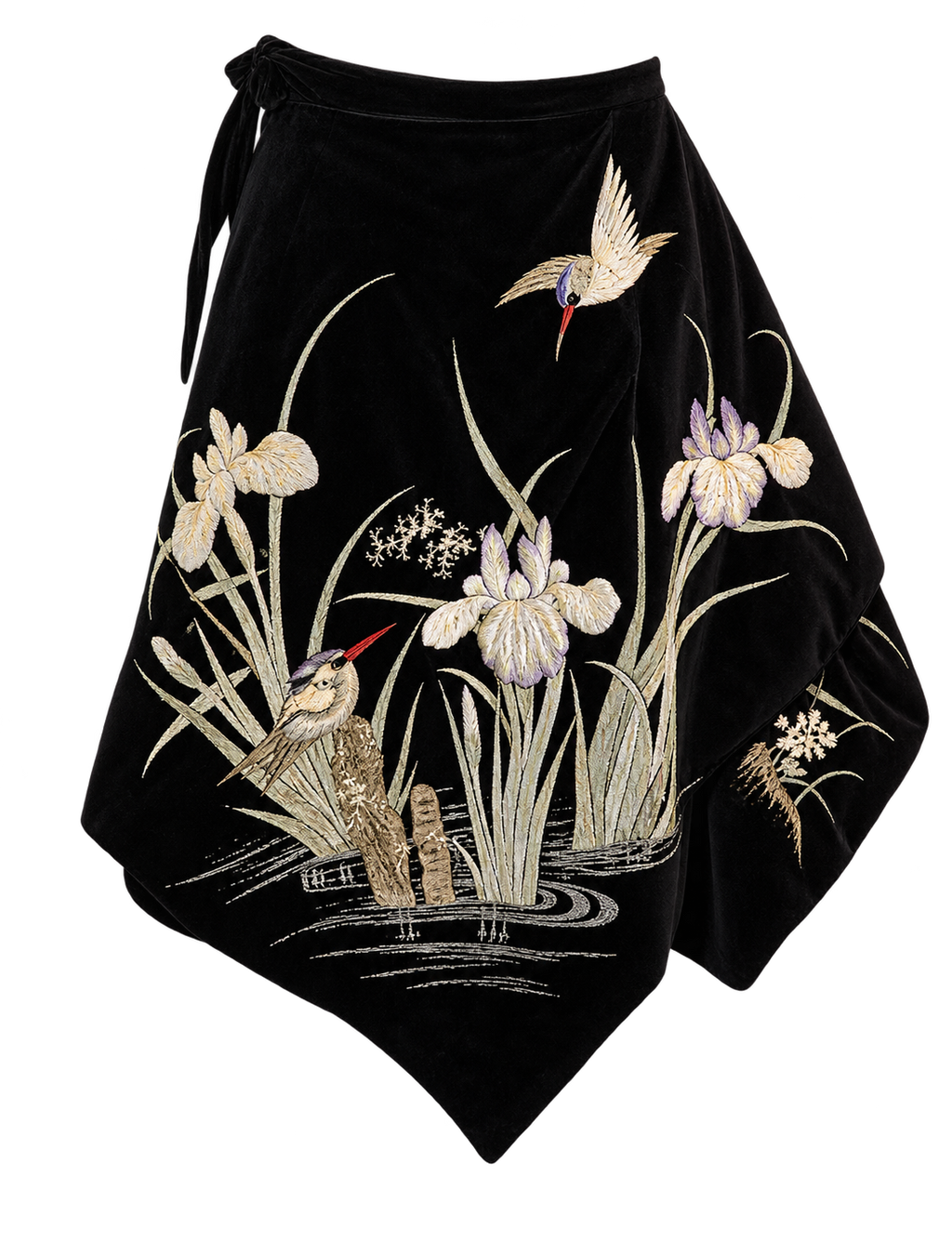 Voyage Skirt - black wool with hand-embroidered kingfisher and iris motif