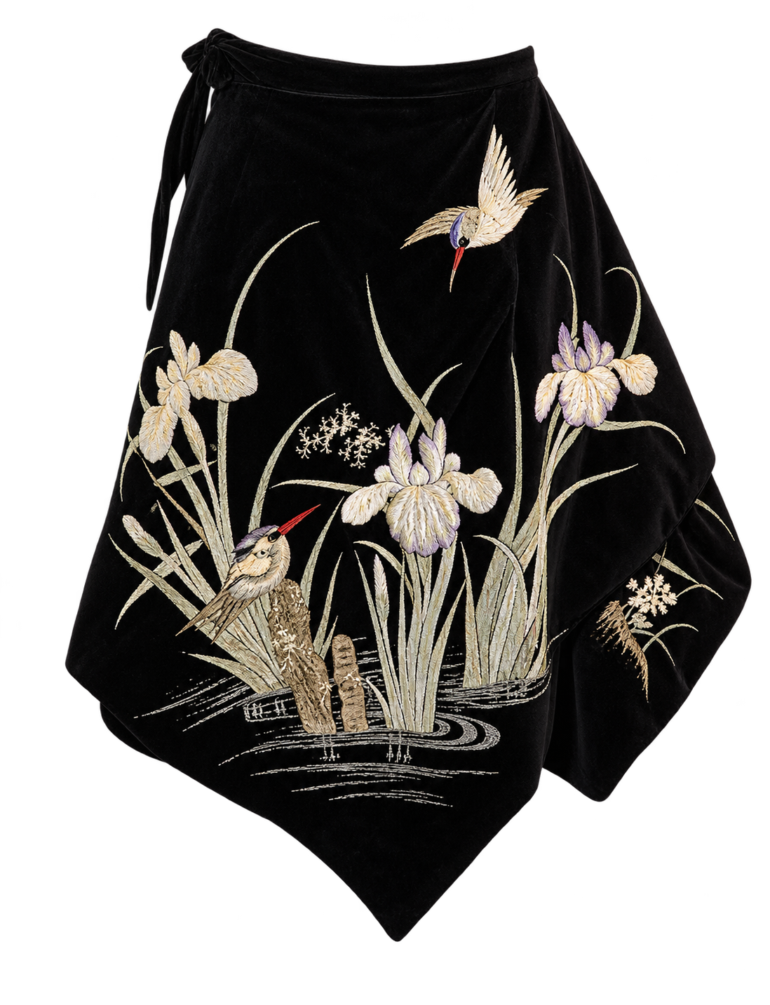 Voyage Skirt - black wool with hand-embroidered kingfisher and iris motif