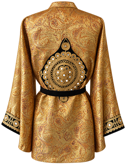 Golden Talitha - dramatic kimono sleeve with black velvet and gold embellished cuff