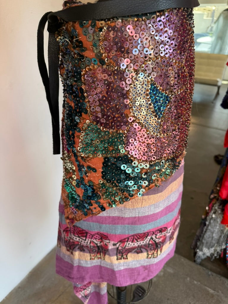 Plum sarong detail of vintage sequined fabric