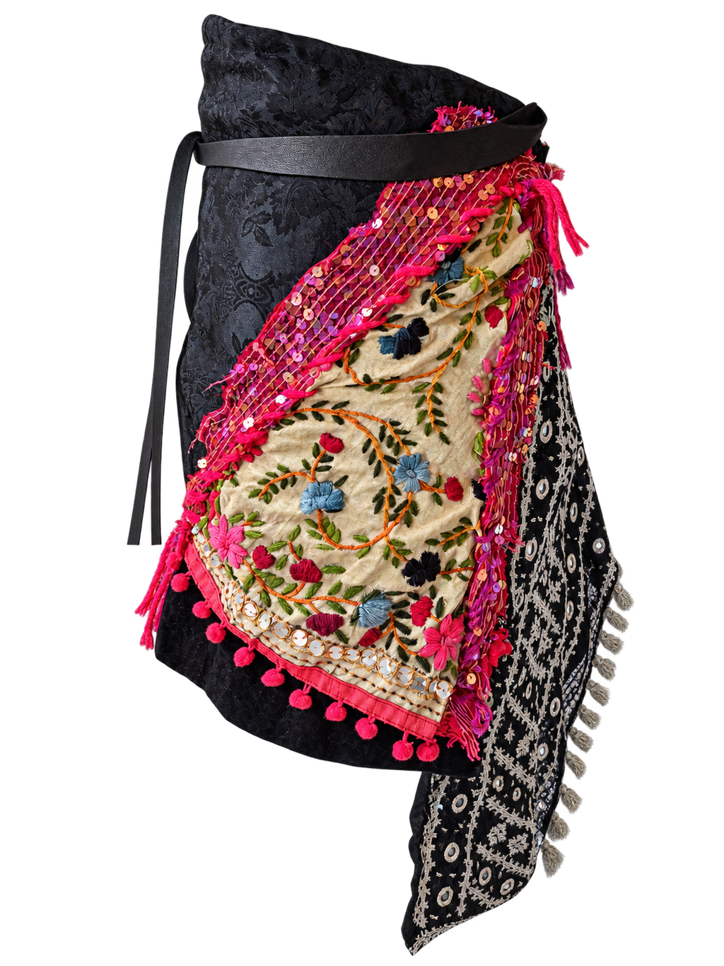 Voyage Wrap No. 2 - reverse side showing fuchsia embroidered panel and pom-pom trim