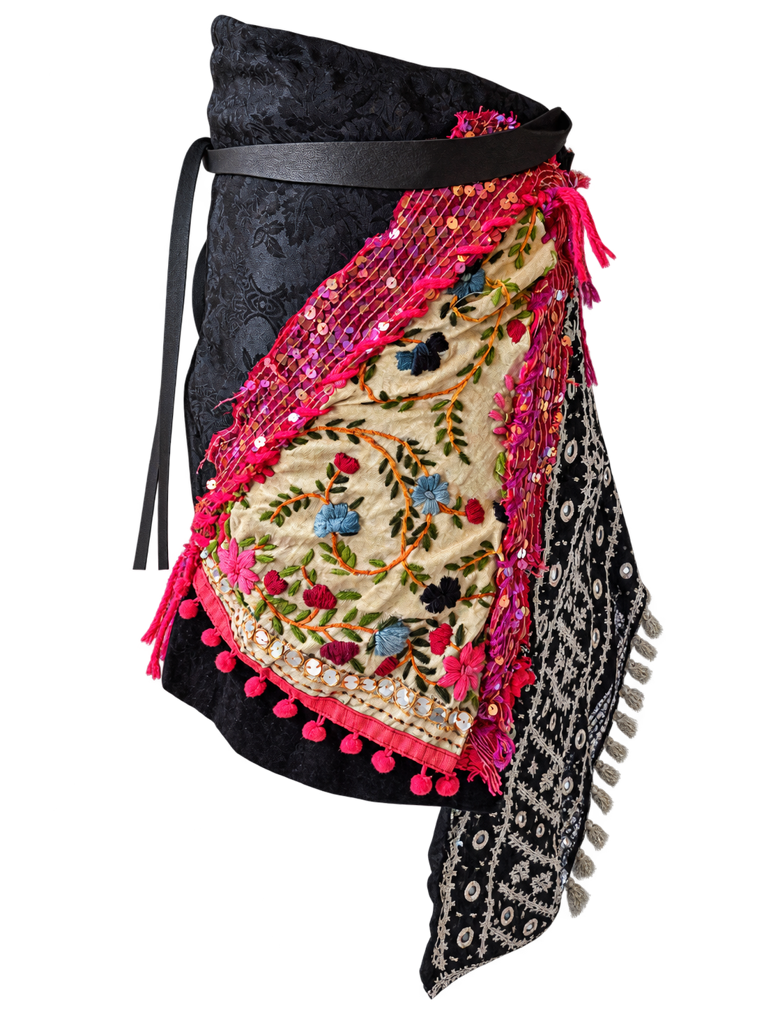 Voyage Wrap No. 2 - reverse side showing fuchsia embroidered panel and pom-pom trim