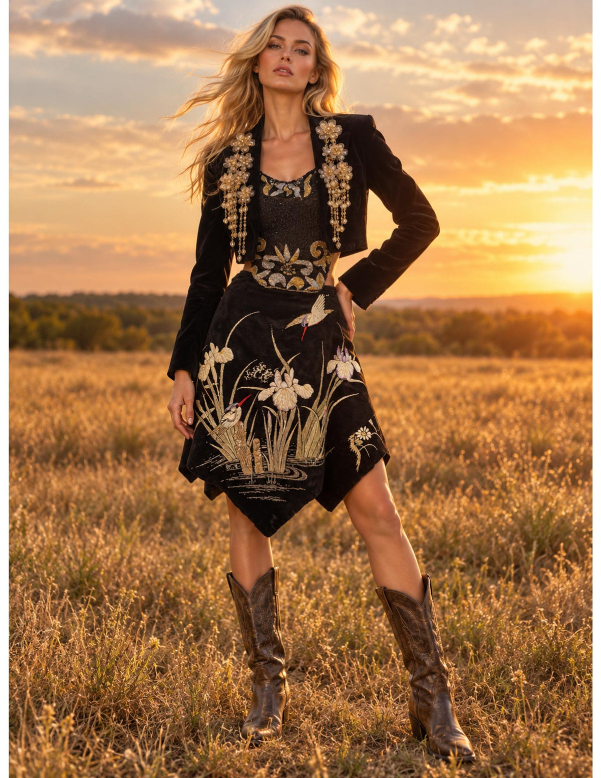 Voyage Skirt styled with cowboy boots at golden hour